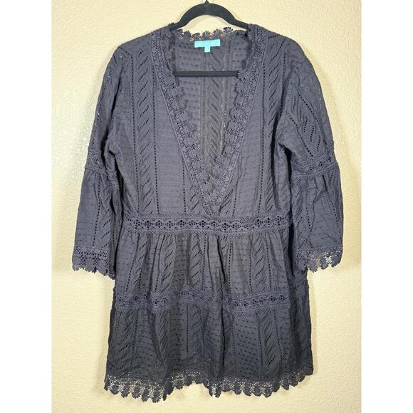 Melissa Odabash Victoria Black Mini Dress Size M Kaftan Cover Up Bell Sleeves